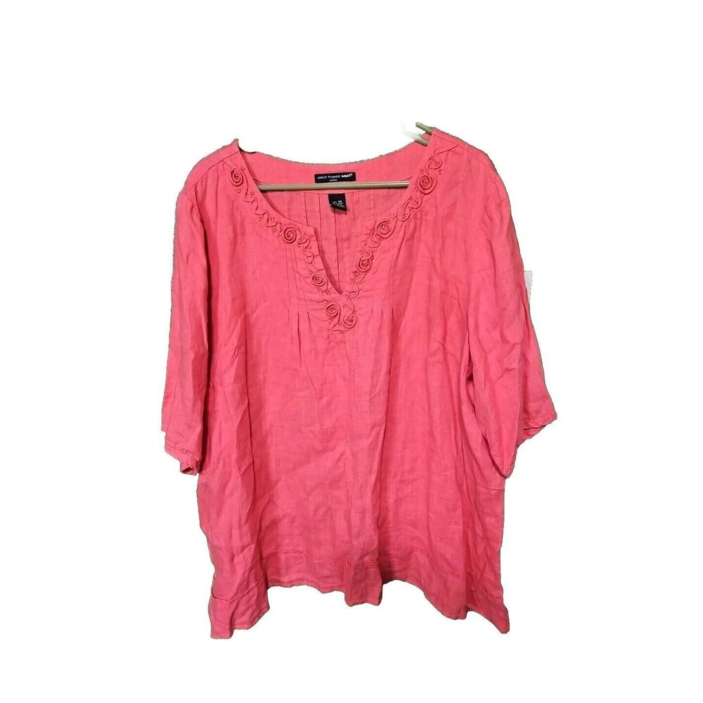 Saint Tropez West Womens Top size 3X Pink Salmon Embroidery Tunic Linen Blouse.